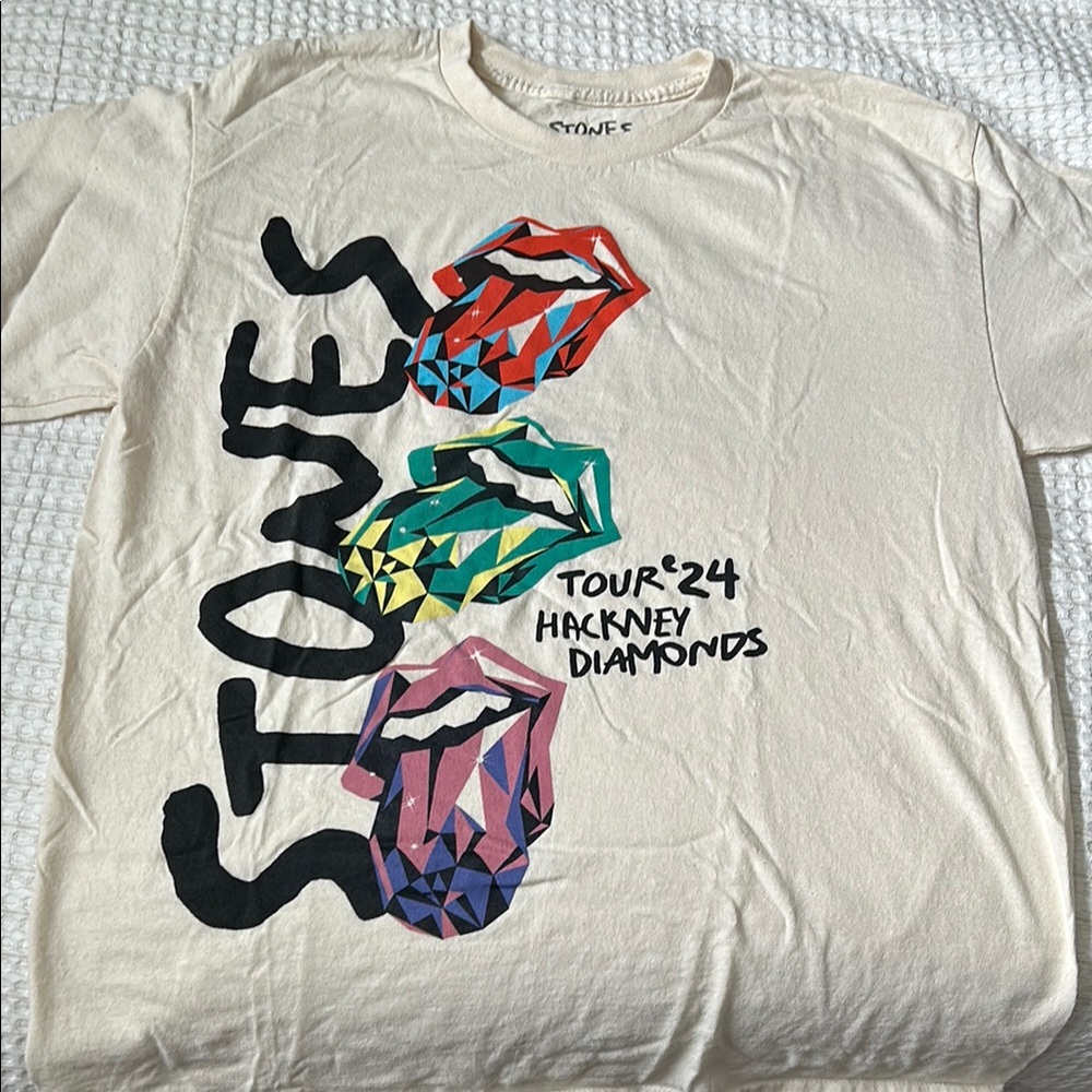 the Rolling Stones Cream Short Sleeve Tee with Multicolor Geometric Tongues